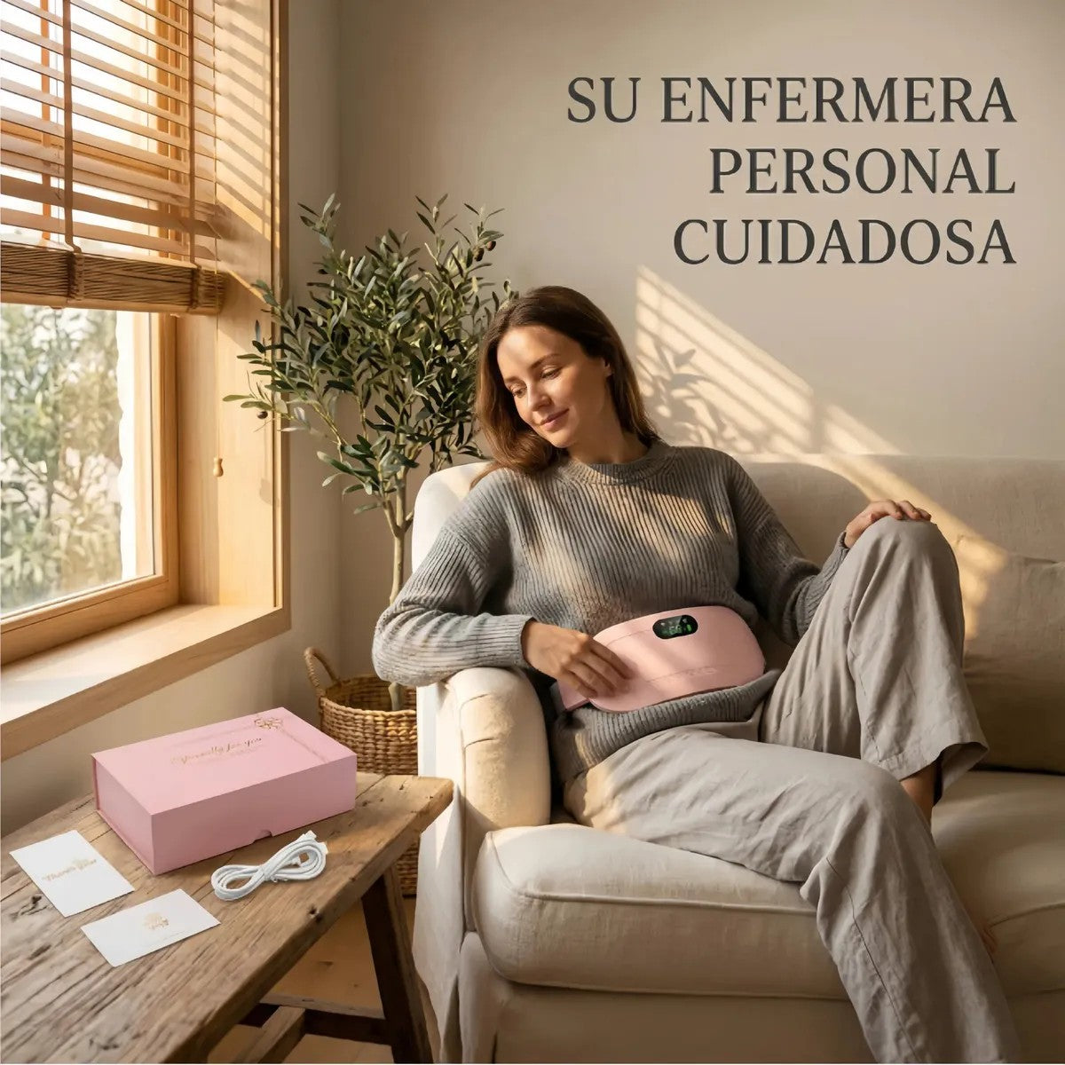 Mujer aliviando cólicos con el cinturón térmico