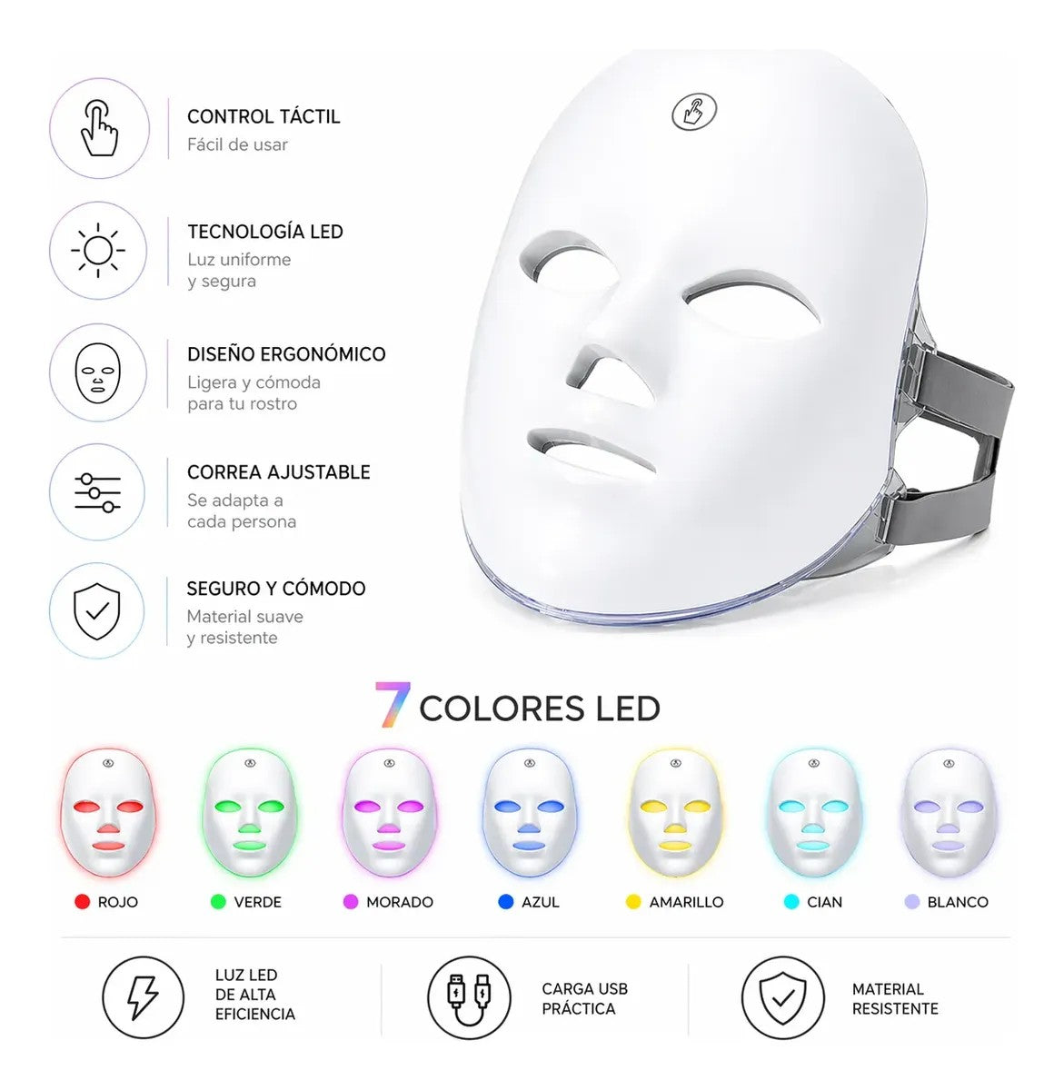 Características y 7 colores LED de la máscara facial